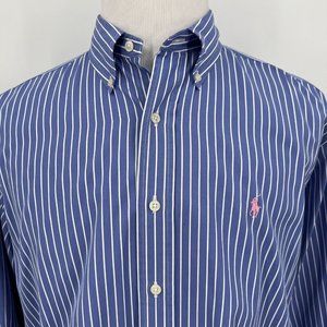 Ralph Lauren Men's Casual Shirt Size 16/L Classic Fit Striped Blue Pink Pony